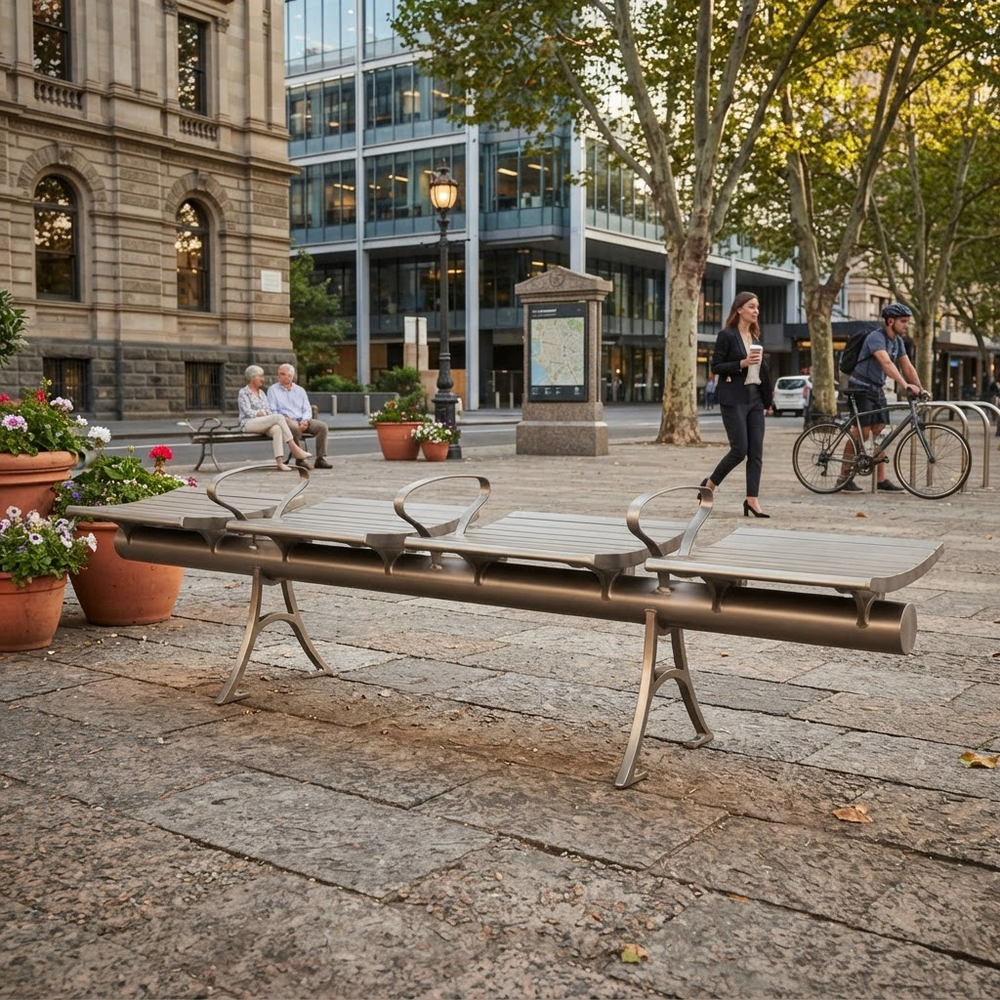A modern outdoor bench with a brushed metal frame and light wood slats, situated in a city plaza with people, trees, and buildings in the background.