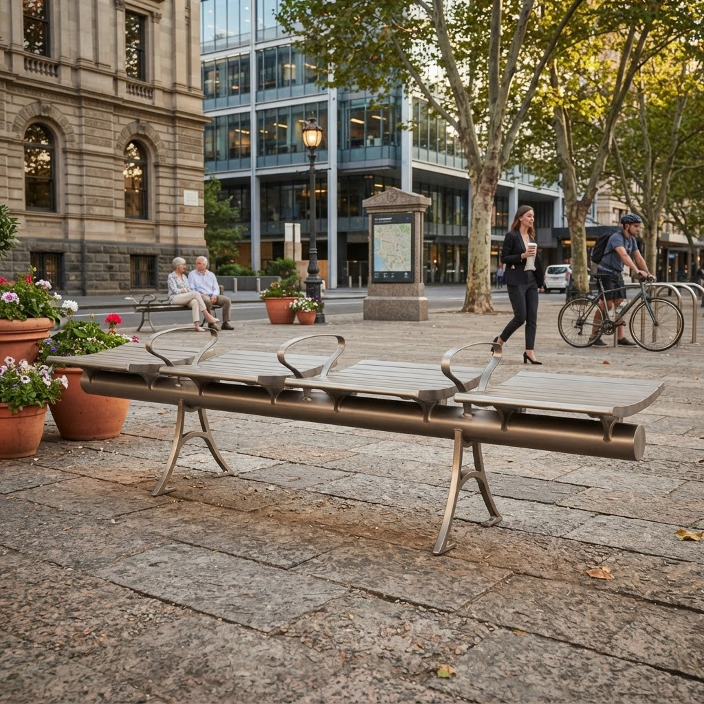 A modern outdoor bench with a brushed metal frame and light wood slats, situated in a city plaza with people, trees, and buildings in the background.