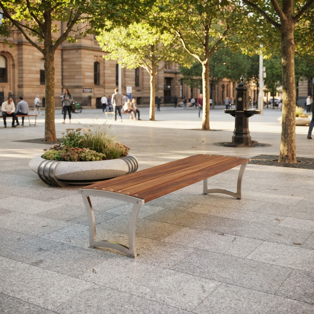 Modern wood‑slat outdoor bench with curved steel legs

Contemporary bench with hardwood slats and sculpted steel frame

Wood and steel architectural bench for public spaces