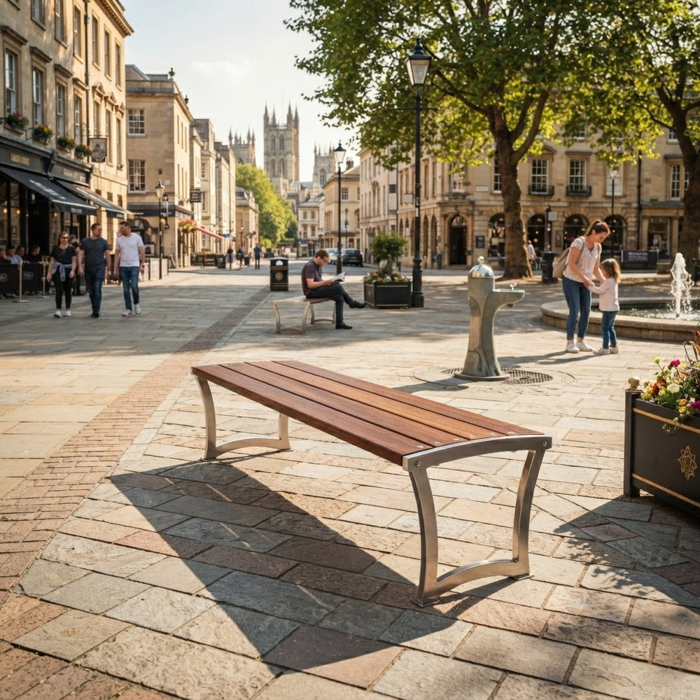 Modern wood‑slat outdoor bench with curved steel legs

Contemporary bench with hardwood slats and sculpted steel frame

Wood and steel architectural bench for public spaces
