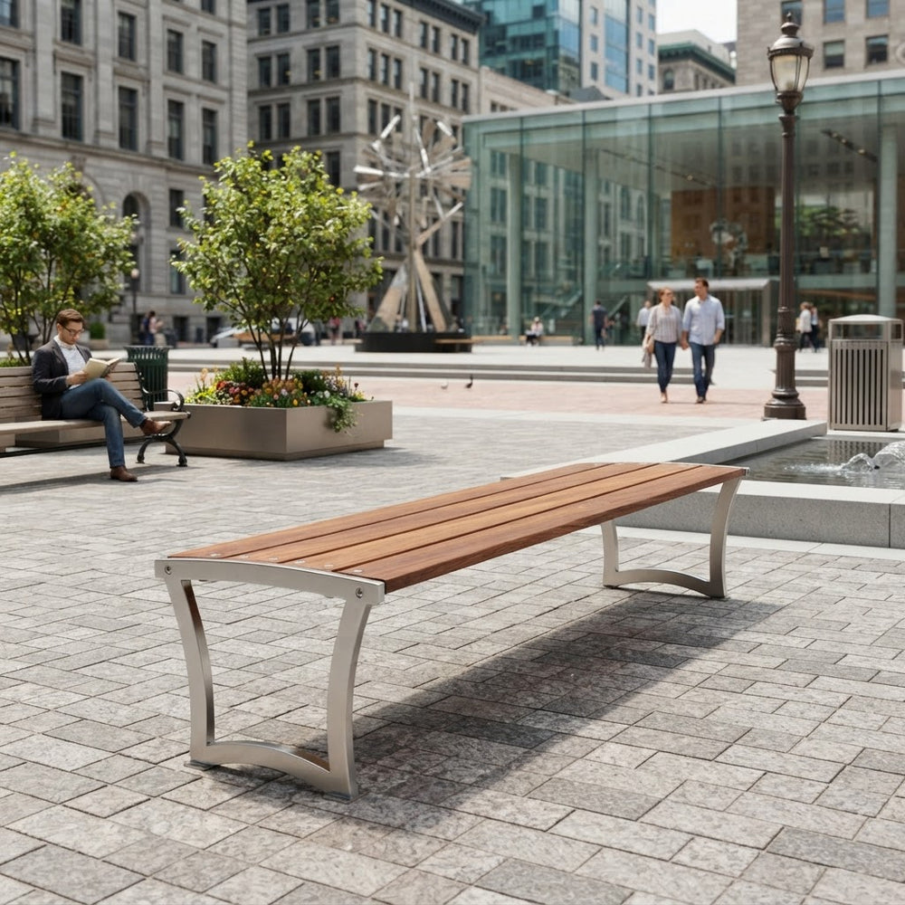 Modern wood‑slat outdoor bench with curved steel legs

Contemporary bench with hardwood slats and sculpted steel frame

Wood and steel architectural bench for public spaces