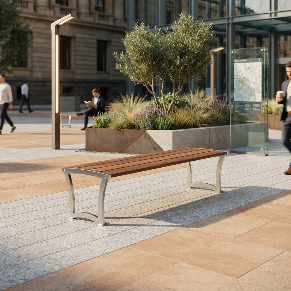 Modern wood‑slat outdoor bench with curved steel legs

Contemporary bench with hardwood slats and sculpted steel frame

Wood and steel architectural bench for public spaces