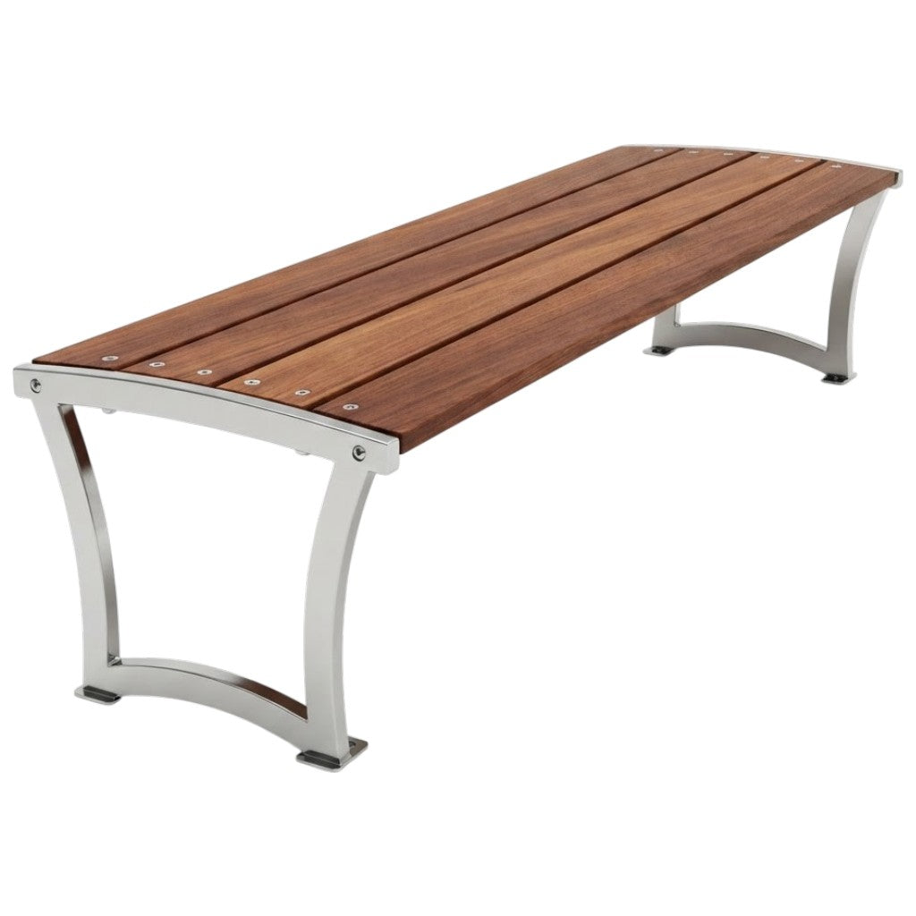 A modern outdoor bench with a medium brown wooden slatted seat and curved silver metal legs, shown on a plain white background.