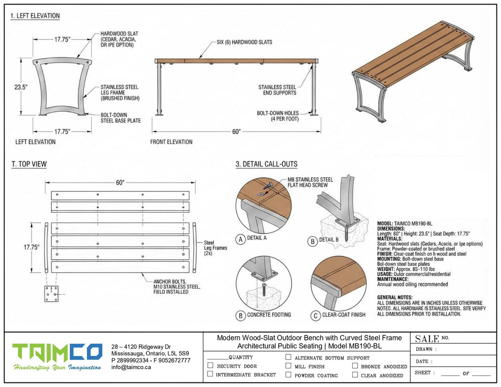 Technical specification sheet and elevation drawing for the Taimco Model MB190-EB outdoor bench, showing front elevation, left elevation, top view, detail callouts, and finish options on a white background.