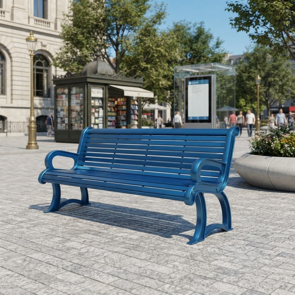 A blue slatted outdoor bench with curved armrests and curved legs, shown in a paved public square with buildings, trees, and a kiosk in the background.