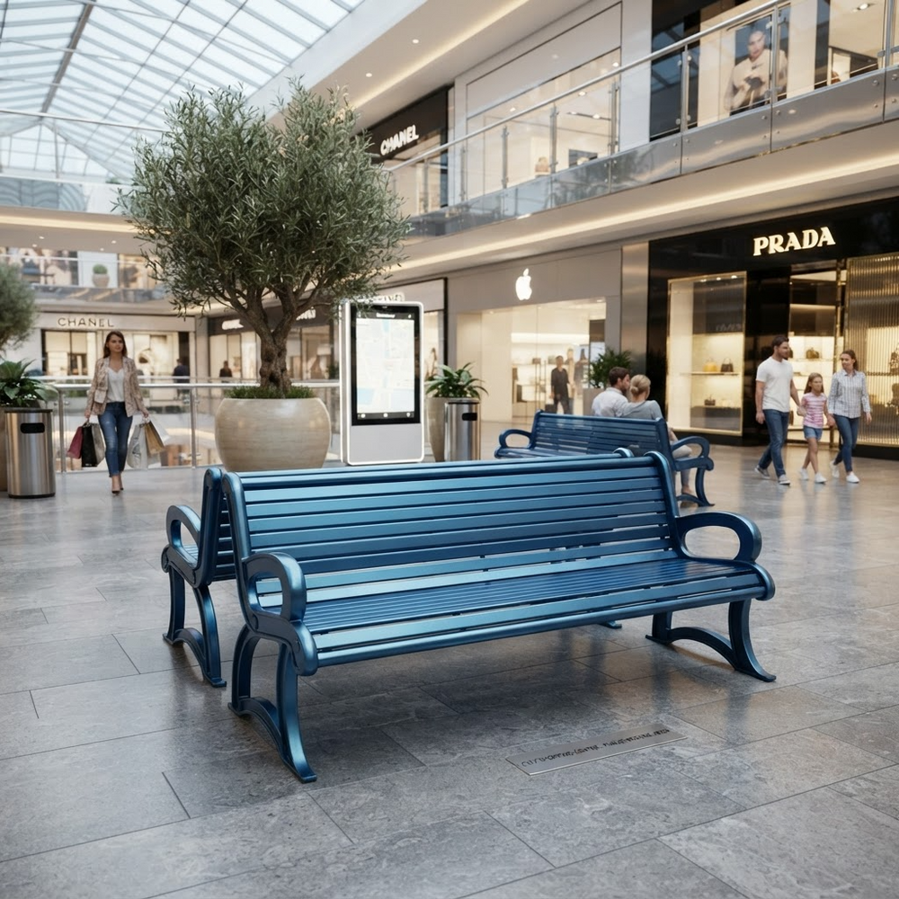 A modern blue slatted public bench in a large indoor shopping mall, with other benches, shoppers, storefronts including Prada and Apple, and potted trees in the background.
