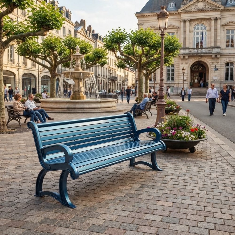 A blue slatted outdoor bench in a European-style town square with a fountain, historic buildings, trees, and people sitting and walking nearby.