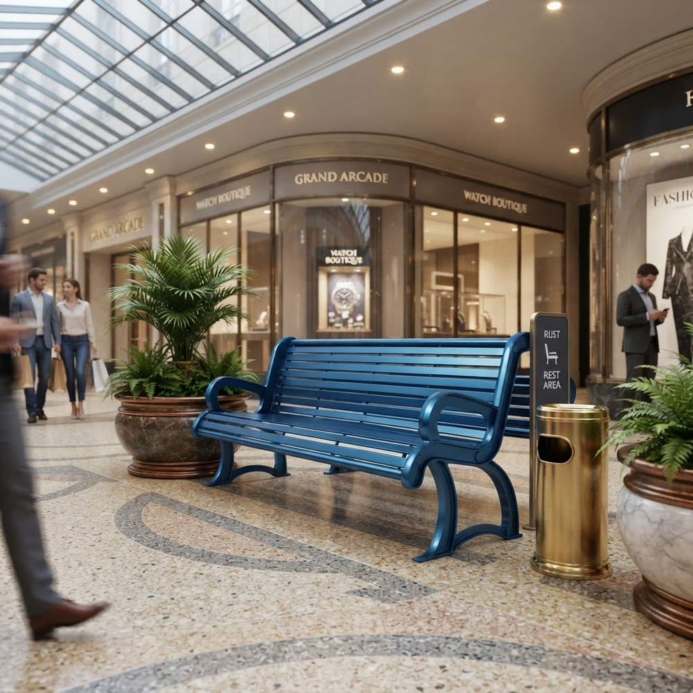 A modern blue slatted bench in a shopping mall corridor, with potted plants, a gold trash can, and storefronts including Grand Arcade in the background.