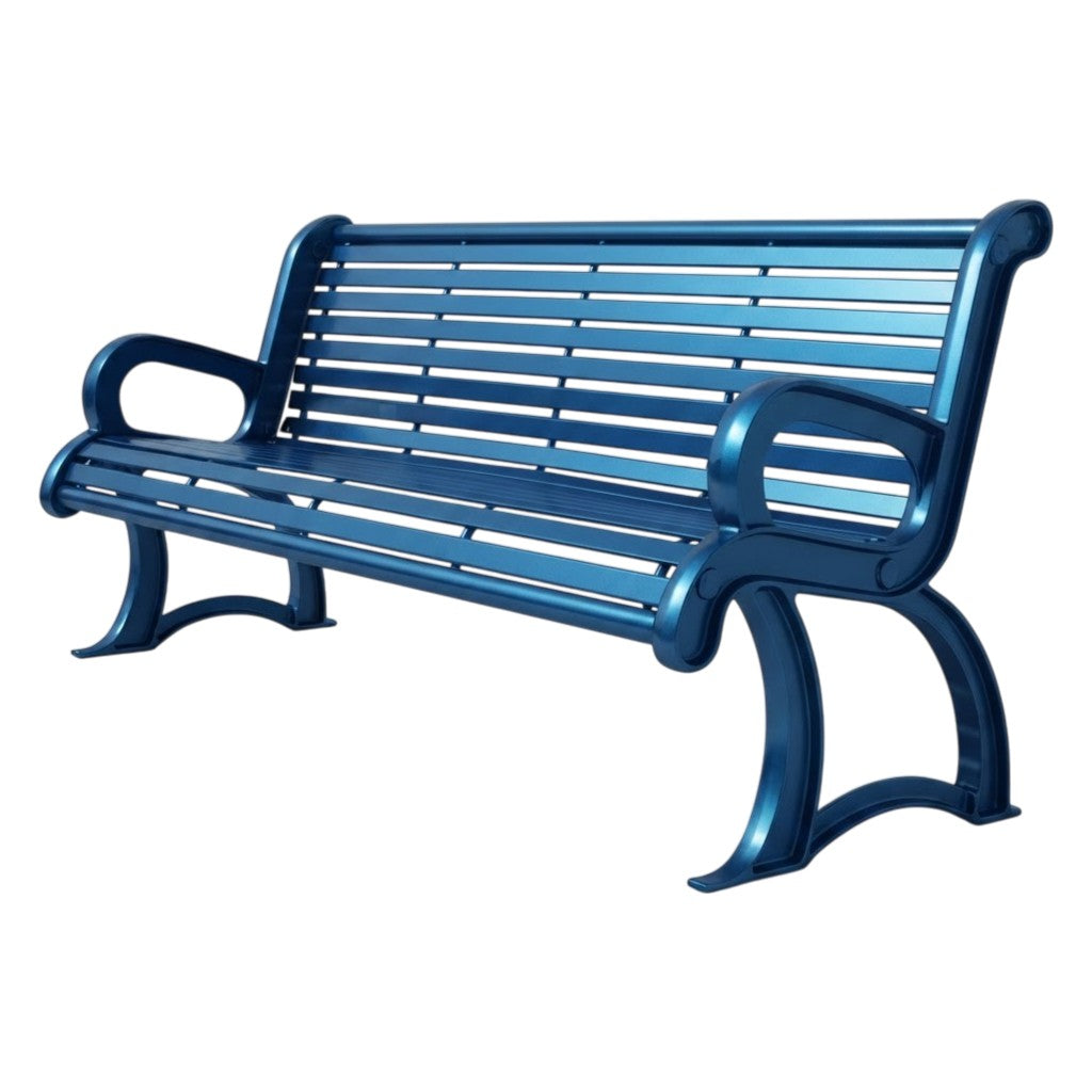 A modern outdoor bench with a glossy metallic blue finish, featuring curved armrests, a slatted backrest, and sturdy legs, shown against a plain white background.