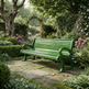 A green slatted garden bench placed on a stone path in a lush, leafy garden with flowers, shrubs, and an arched vine structure in the background.