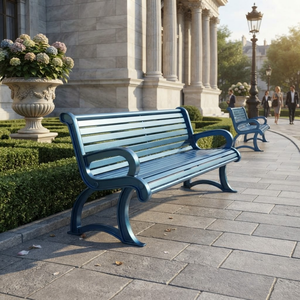 A blue slatted park bench with curved armrests and legs is shown outdoors on a stone walkway beside a classical stone building, with a second similar bench further back and a few pedestrians in the distance.