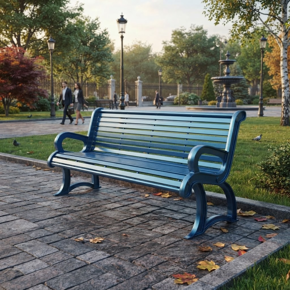 A modern outdoor park bench with a blue-green slatted seat and armrests, positioned on a stone paved path in a park with trees, lampposts, and distant people.