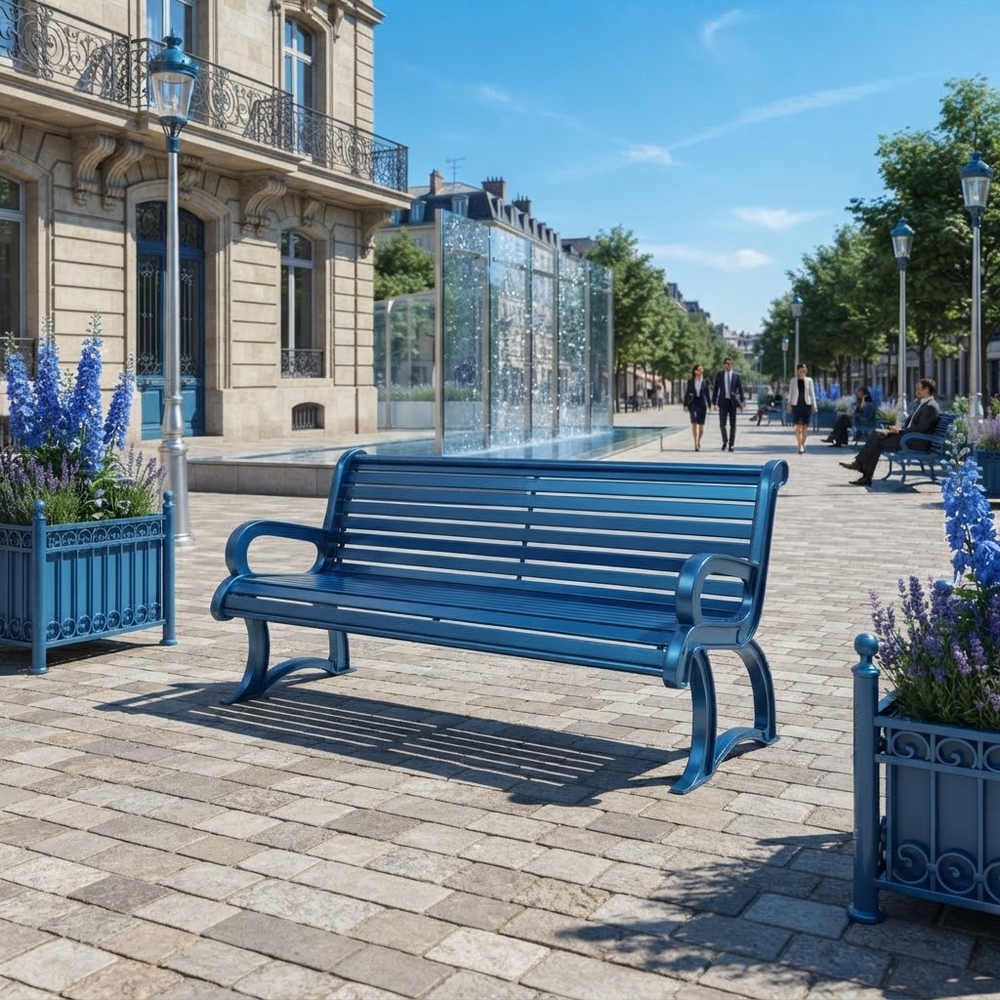 A bright blue metal park bench in an outdoor urban plaza with stone paving, classical buildings, street lamps, a glass water feature, and people walking in the background.
