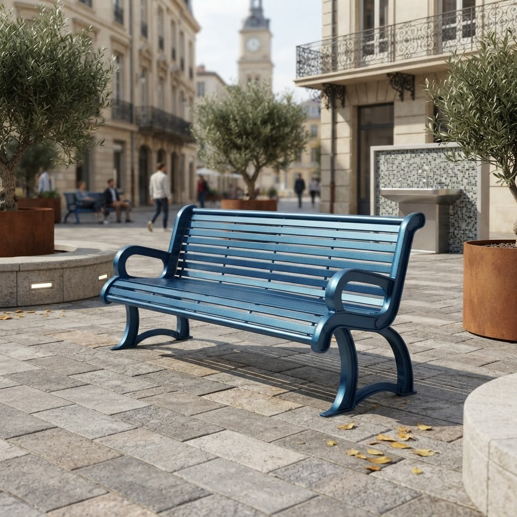 A modern blue slatted park bench situated in a paved outdoor plaza with historic buildings, potted trees, and distant pedestrians in the background.
