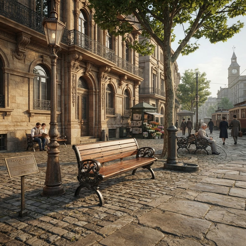 A scenic urban street with ornate stone buildings, cobblestone pavement, a wooden park bench in the foreground, lampposts, trees, and a few pedestrians. No product is isolated or being sold; this is a real environment scene, so the best fit is Lifestyle rather than Product/Packaging or Scenery.