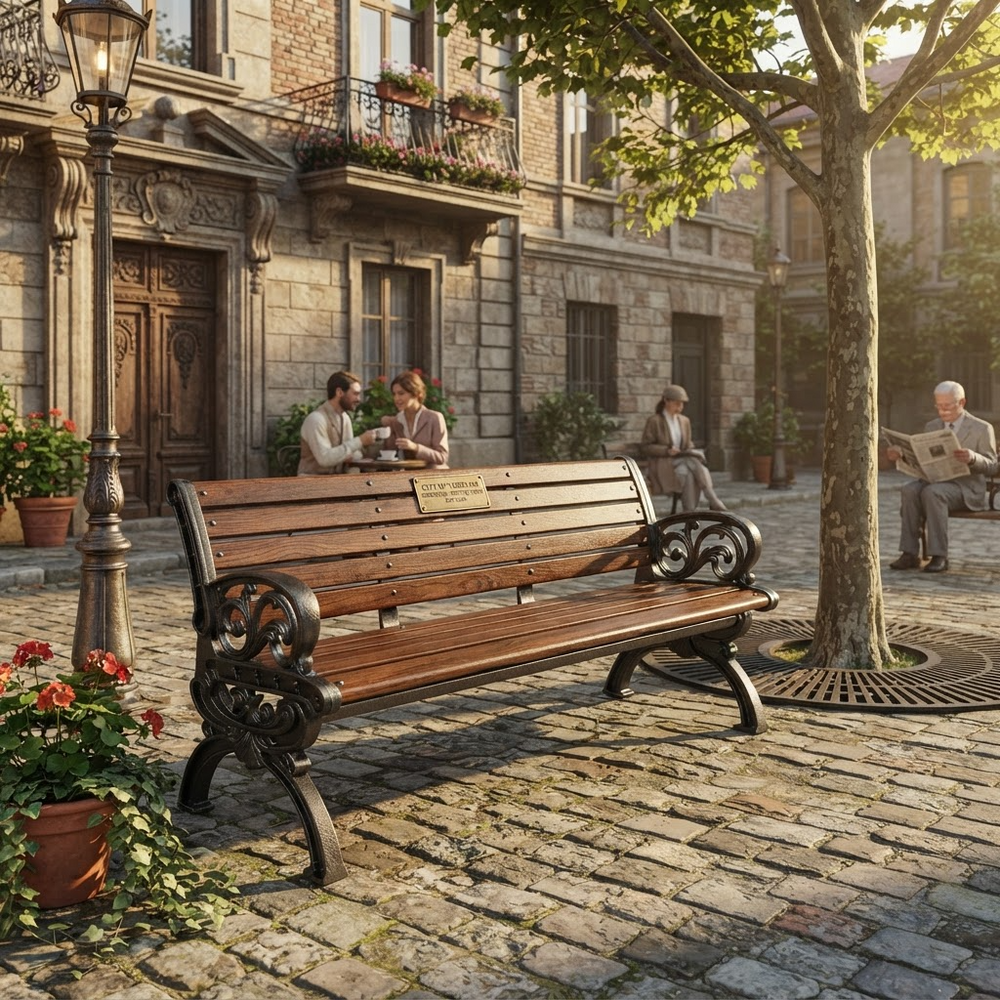 A wooden park bench with ornate black metal arms and legs sits on a cobblestone plaza in a sunlit town square. Stone buildings, a lamppost, a tree, and a few seated people are visible in the background.