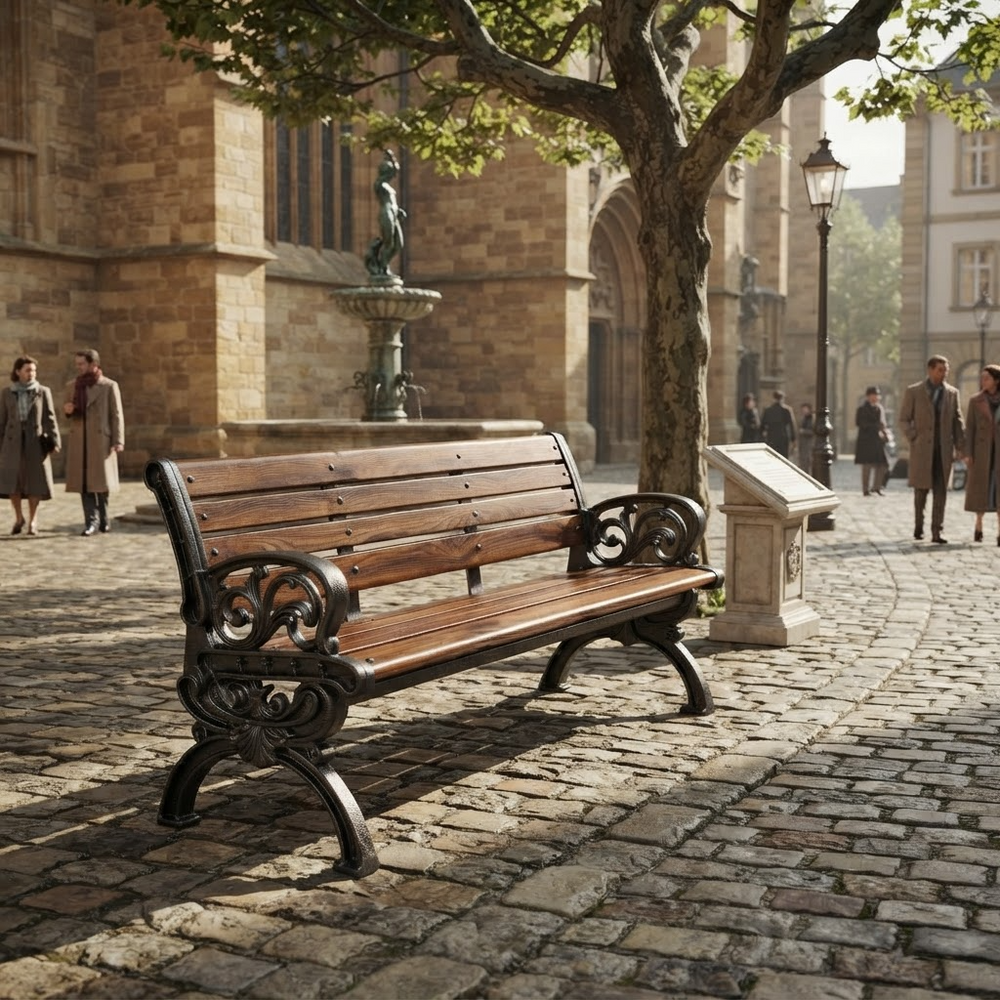 A wooden park bench with ornate black metal arms and legs sits on a cobblestone street in front of a historic stone building with a fountain and tree.