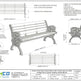 Technical specification sheet and dimension diagram of a classic wood-slat outdoor bench with ornate cast iron sides, showing front, side, and plan views with measurements and material details.