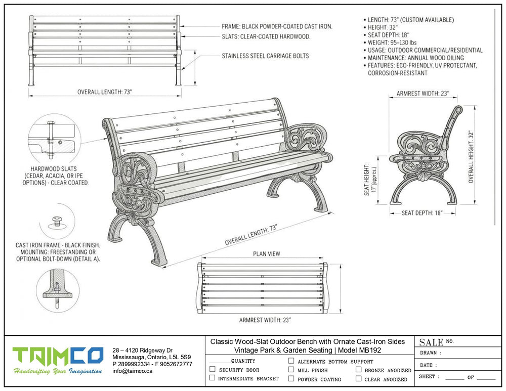 Technical specification sheet and dimension diagram of a classic wood-slat outdoor bench with ornate cast iron sides, showing front, side, and plan views with measurements and material details.