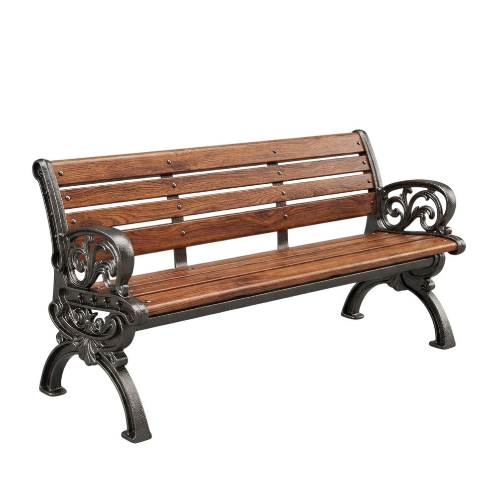 A classic outdoor bench with brown wooden slats for the seat and backrest, supported by an ornate black cast iron frame with decorative scrollwork on the arms and legs.