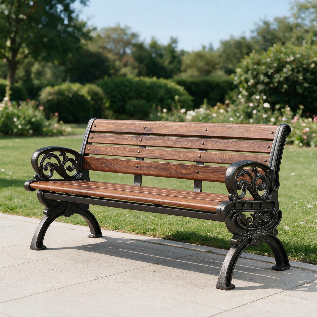 A wooden park bench with ornate black metal arms and legs, positioned on a light concrete path with a lush green garden in the background.