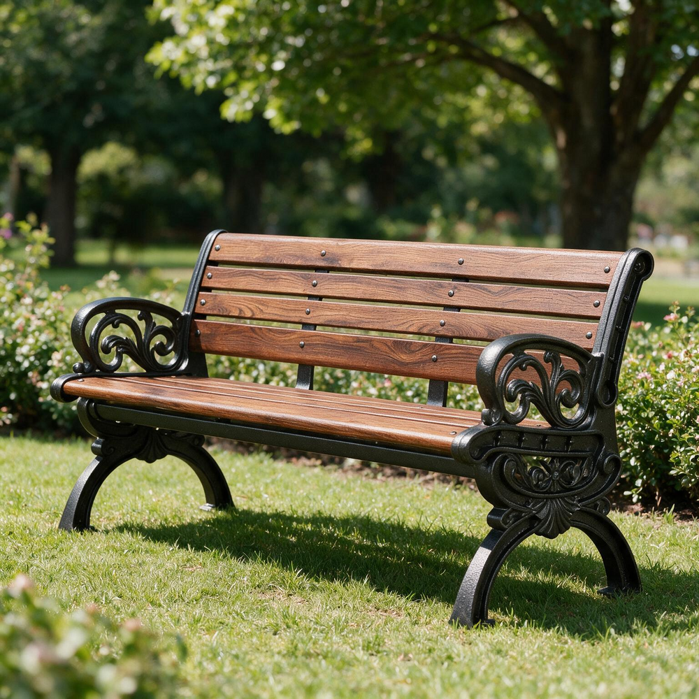 A wooden garden bench with ornate black cast iron legs and armrests, set on a green grassy lawn in a park with trees in the background.