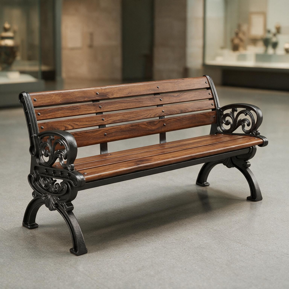 A wooden park bench with ornate black cast iron arms and legs, shown in a blurred indoor public space.