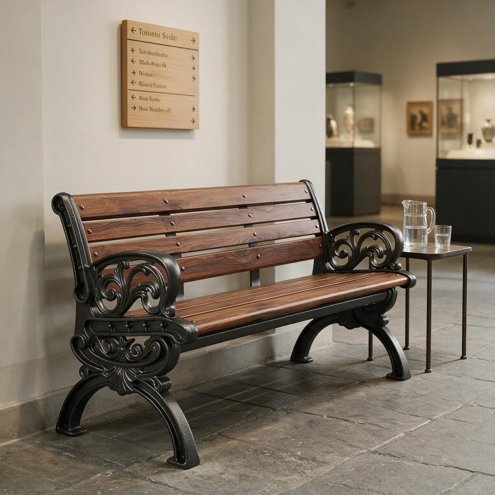 A wooden and cast iron park bench with ornate scrollwork arms and legs, shown in a museum or gallery setting next to a small side table with a pitcher and glasses.