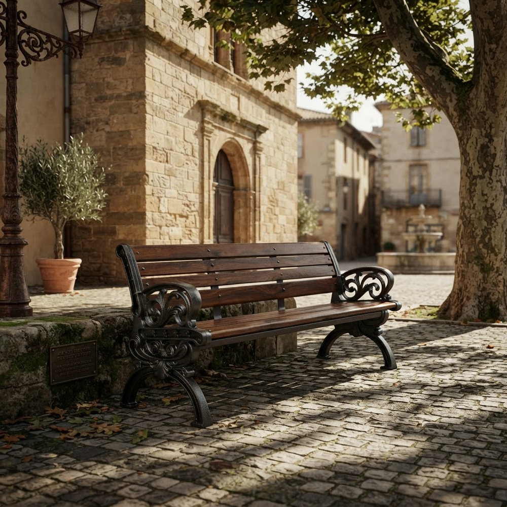 A wooden park bench with ornate black metal arms and legs sits on a cobblestone street in front of a stone building, with a large tree and potted plants nearby.