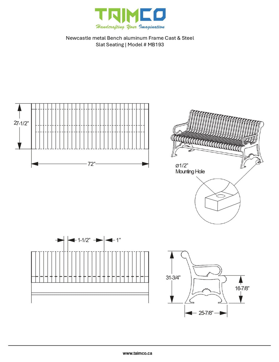 Newcastle metal Bench aluminum Frame Cast & Steel Slat Seating | Model # MB193