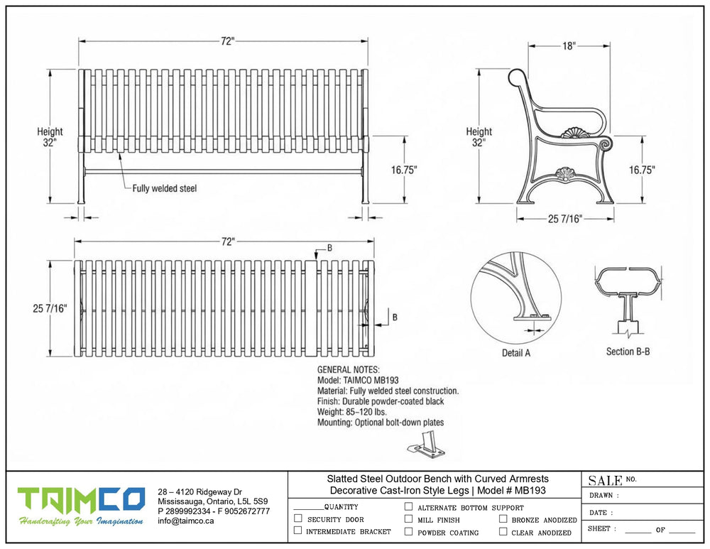 Technical specification sheet and dimension drawing for a TAIMCO decorative cast iron outdoor bench, showing front, side, and top views with measurements, plus detail and section views.
