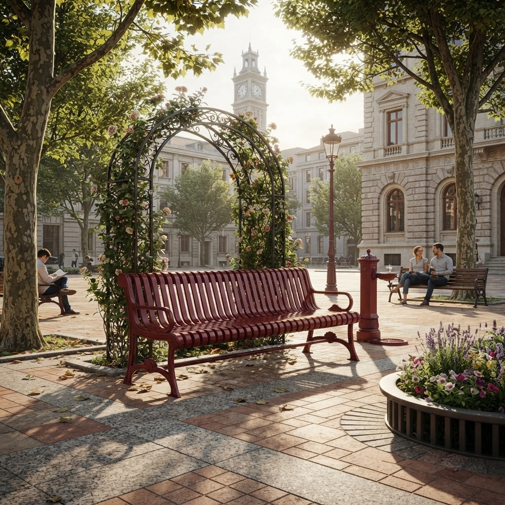 A red wooden park bench sits in a sunlit town square with trees, a flower-covered arbor, historic buildings, and a few people sitting nearby.