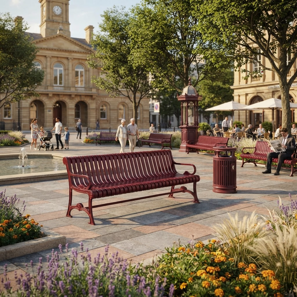 A red slatted park bench in a beautifully landscaped town square, with people walking and sitting nearby, set against a historic stone building and lush green trees.