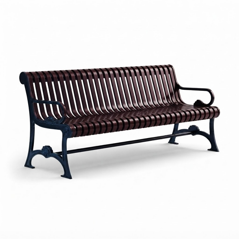 A modern outdoor bench with a dark reddish-brown slatted seat and backrest, supported by a dark navy cast iron frame, shown on a white background.