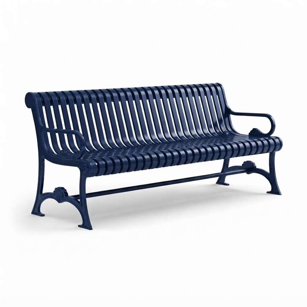 A dark blue metal park bench with a slatted back and seat, shown at a three-quarter angle on a light gray background.