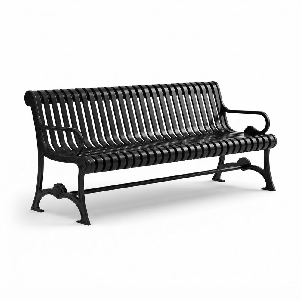 A black metal park bench with a slatted back and seat, shown at a three-quarter angle on a clean white background.