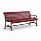 A red metal outdoor bench with a slatted back and seat, shown at a three-quarter angle on a light gray background.