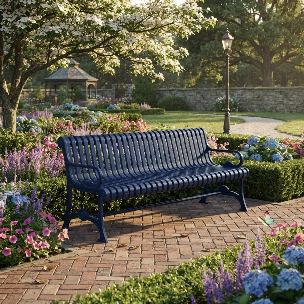 A dark navy blue metal park bench with a slatted back and seat, positioned on a brick pathway in a beautifully landscaped garden with flowers, trees, and a stone wall.