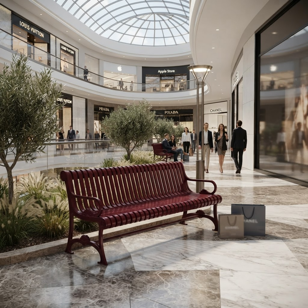 A red wooden slat bench sits in a luxury shopping mall atrium with marble floors, potted trees, and shoppers walking in the background. Visible storefront signs include Louis Vuitton, Prada, Chanel, and Apple Store.