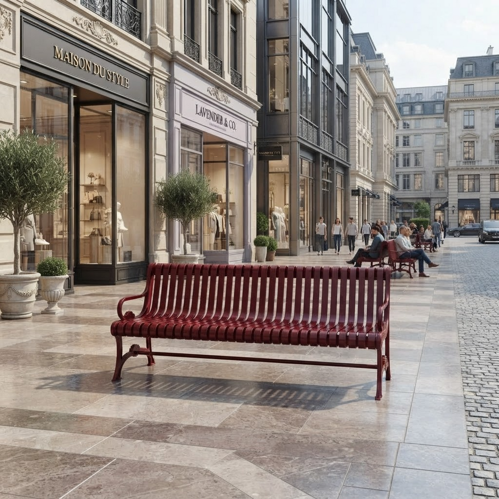 A red slatted outdoor bench sits on a paved city plaza in front of elegant storefronts, with seated people and urban buildings in the background.