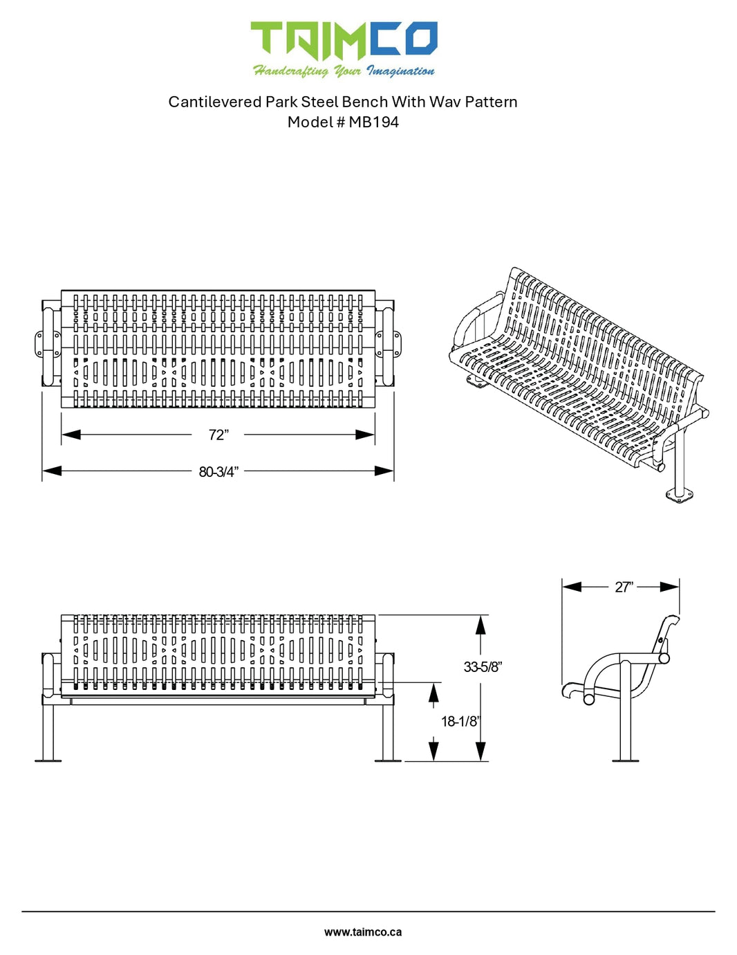 Cantilevered Park Steel Bench with wav pattern | Model # MB194