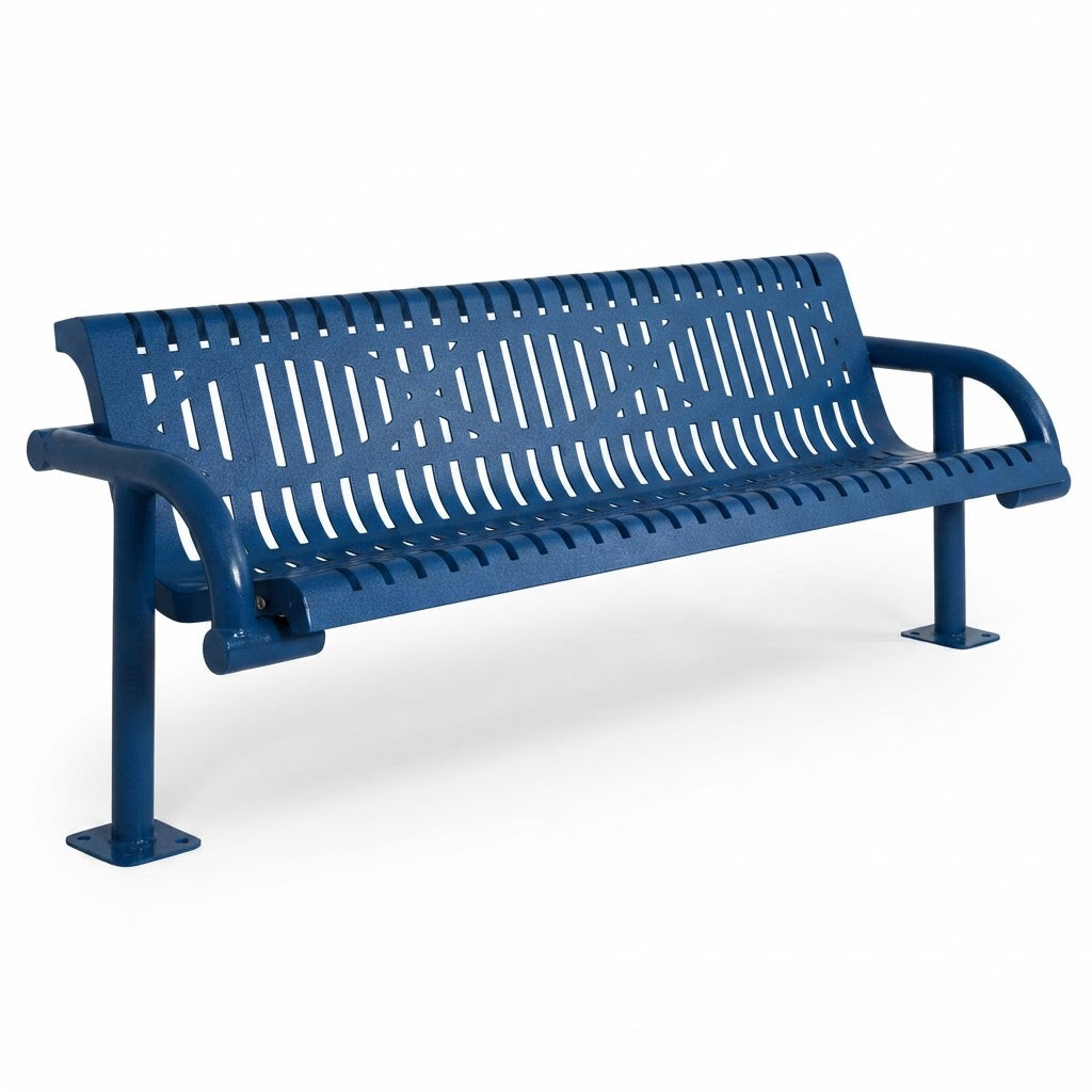A blue metal bench with a slatted back and seat, shown at an angle on a plain white background.