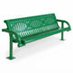 A green metal park bench with a slatted back and seat, shown at a three-quarter angle on a white background.