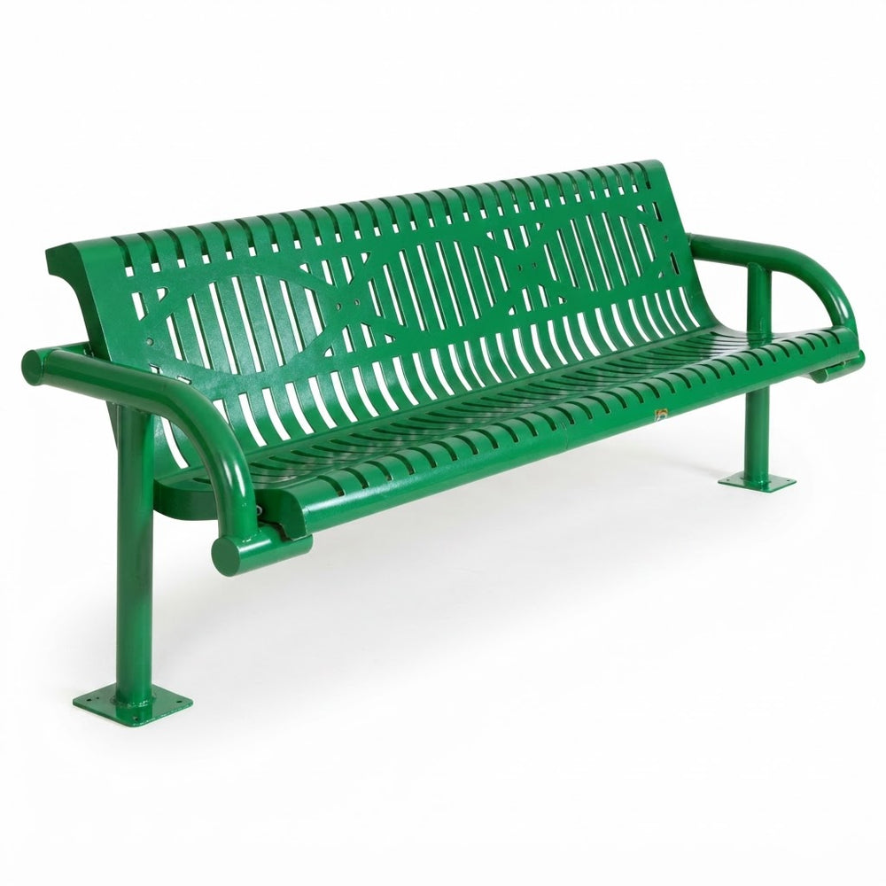 A green metal park bench with a slatted back and seat, shown at a three-quarter angle on a white background.