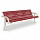 A modern outdoor bench with a red slatted seat and backrest and white curved armrests and legs, shown on a plain white background.