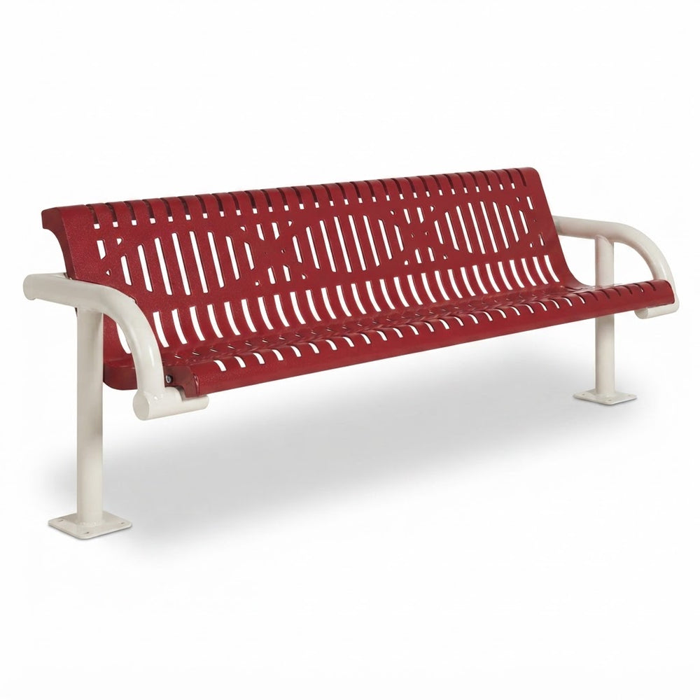 A modern outdoor bench with a red slatted seat and backrest and white curved armrests and legs, shown on a plain white background.