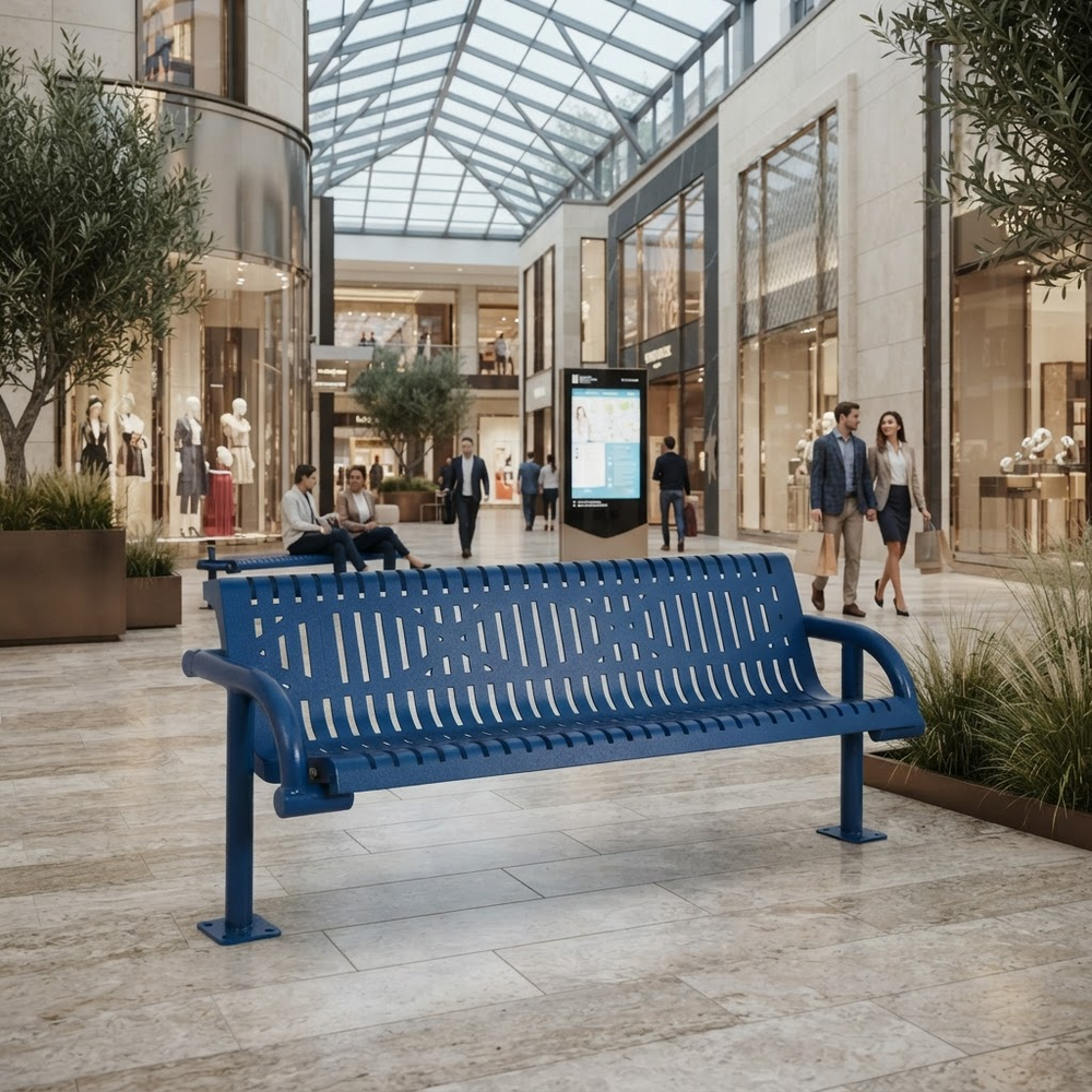 A blue slatted outdoor-style bench is placed in a modern shopping mall interior with visible people walking and sitting nearby, so this is a Lifestyle image rather than a clean Product/Packaging shot.