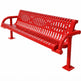 A bright red metal park bench with a slatted back and seat, shown at an angle on a plain white background.