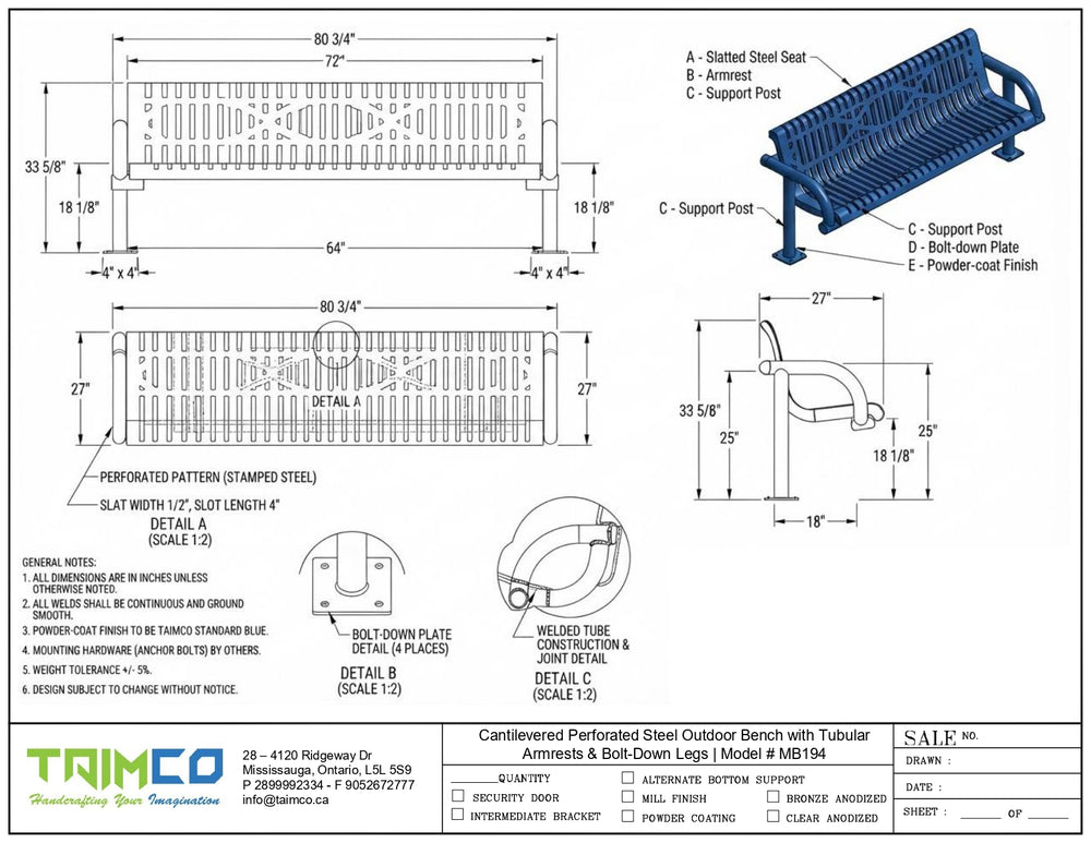 Technical specification sheet and dimension drawing for a perforated steel outdoor bench, showing front, top, and side views with measurements, labels, and finish options on a white background.