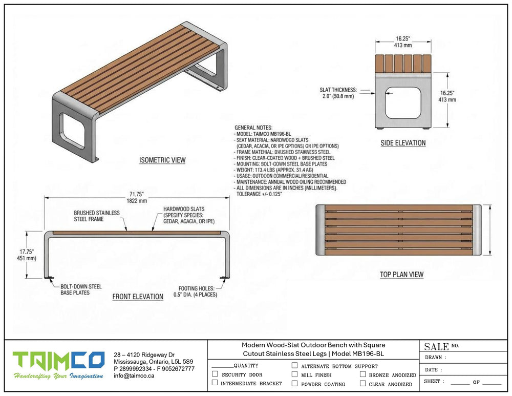 Technical drawing and specification sheet for a modern wood seat outdoor bench with square cutout legs, showing front elevation, side elevation, top plan view, dimensions, and notes on a white background with the Taimco logo at the bottom.